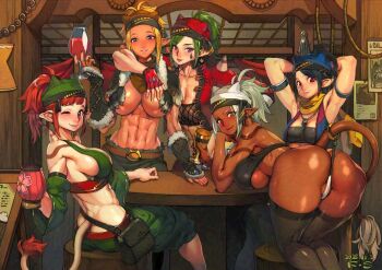 5boys abs ass bent_over blush breasts cleavage collarbone commentary_request commission dark_skin drink drunk f.s. large_breasts looking_at_viewer multiple_boys multiple_girls muscular muscular_female original pointy_ears sideboob skeb_commission table tail tan tavern