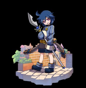 1boy ahoge belt black_background blue_jacket blue_shoes blush brick_wall building full_body grey_shorts head_tilt holding holding_polearm holding_weapon house jacket long_sleeves merc_storia merc_storia_art_team official_art open_mouth polearm shoes short_hair shorts sidelocks simple_background sleeves_past_wrists smile solo standing stone_floor tachi-e tree weapon wyatt_(merc_storia) yellow_belt