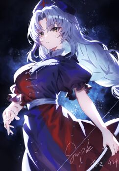 1girl blue_dress bow_(weapon) braid chinese_commentary closed_mouth commentary_request constellation constellation_print cross dated dress frown grey_hair hat highres holding holding_bow_(weapon) holding_weapon l0e9s29p long_hair nurse_cap print_dress print_hat puffy_short_sleeves puffy_sleeves red_cross red_dress short_sleeves solo touhou two-tone_dress very_long_hair weapon yagokoro_eirin yellow_eyes