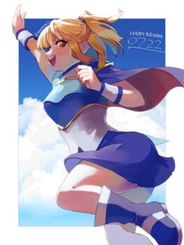 absurdres arle_nadja armor blue_boots blue_skirt blush boots breastplate brown_eyes brown_hair cape cloud commentary_request english_text half_updo hand_up happy_birthday highres knee_up looking_at_viewer madou_monogatari open_mouth ponytail puyopuyo shoulder_armor sidelocks skirt tamamiyau wristband