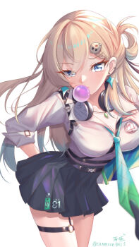 Rule 34 | 1girl, absurdres, aqua necktie, black skirt, blonde hair, blowing bubble gum, blue eyes, braid, braided bangs, breasts, chewing gum, cleavage, commentary request, dengmingxuan~chacha, earrings, hair ornament, headphones, headphones around neck, highres, jewelry, long hair, looking at viewer, lynae (wuthering waves), medium breasts, necktie, partial commentary, shirt, shirt tucked in, simple background, skirt, skull hair ornament, solo, star (symbol), star earrings, twitter username, white background, white shirt, wuthering waves