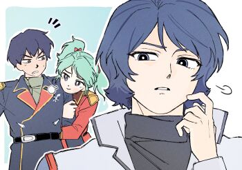 1girl 2boys aqua_hair arm_hug belt black_belt black_hair black_shirt blue_background blue_coat blue_eyes blue_hair border bright_pupils brown_eyes char&#039;s_counterattack closed_mouth coat gigantea_pp green_shirt gundam gyunei_guss highres kamille_bidan long_sleeves military_uniform multiple_boys outline outside_border parted_lips puff_of_air purple_eyes quess_paraya red_coat scratching_cheek shirt short_hair shoulder_boards simple_background smile super_robot_wars super_robot_wars_y sweat turtleneck twintails upper_body white_border white_outline white_pupils zeta_gundam