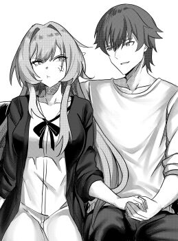 1boy 1girl absurdres alternate_costume caelus_(honkai:_star_rail) collarbone cyrene_(honkai:_star_rail) greyscale highres honkai:_star_rail honkai_(series) monochrome pout ribbon shirt simple_background solo tian_kazuki trailblazer_(honkai:_star_rail) white_background