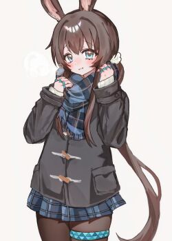 Rule 34 | 1girl, adjusting clothes, alternate costume, amiya (arknights), animal ears, arknights, black coat, blue eyes, blue scarf, blue skirt, blush, brown hair, brown pantyhose, casual, coat, duffel coat, highres, jewelry, long hair, long sleeves, looking at viewer, miniskirt, morita (pixiv31883607), multiple rings, pantyhose, parted lips, plaid clothes, plaid skirt, pleated skirt, ponytail, rabbit ears, rabbit girl, ring, scarf, simple background, skirt, smile, solo, thighlet, very long hair, white background