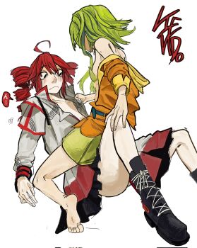 2girls blush gumi gumi_(sv) highres kasane_teto kasane_teto_(sv) multiple_girls white_background yuri