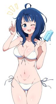 1girl ;d absurdres ahoge bare_arms bikini blue_eyes blue_hair blush breasts cleavage collarbone commentary eggman_(ni_tamagoex) food highres holding holding_food holding_popsicle make_heroine_ga_oo_sugiru! medium_breasts medium_hair melting_popsicle navel one_eye_closed open_mouth popsicle revision shiny_skin side-tie_bikini_bottom sidelocks simple_background smile solo spots standing swimsuit symbol-only_commentary teeth thigh_gap underboob upper_teeth_only v variant_set white_background white_bikini yanami_anna