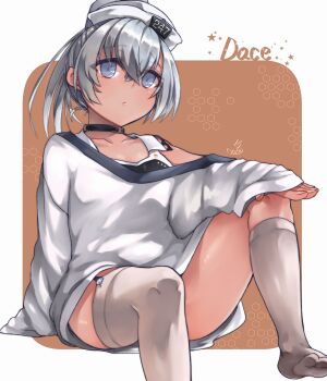 Rule 34 | 1girl, asymmetrical legwear, black one-piece swimsuit, character name, commentary request, dace (kancolle), dark-skinned female, dark skin, dixie cup hat, grey eyes, grey hair, hat, highres, kantai collection, military hat, oeoeuhoho, one-piece swimsuit, shirt, side ponytail, single thighhigh, sleeves past wrists, socks, solo, swimsuit, swimsuit under clothes, thighhighs, two-tone one-piece swimsuit, uneven legwear, white shirt, white socks, white thighhighs