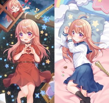 1girl :d ^_^ ahoge arm_up blue_sailor_collar blue_skirt blush closed_eyes closed_mouth commentary_request craytm dakimakura_(medium) dress hand_up heart knee_up long_hair long_sleeves lying multiple_views notice_lines on_back on_side open_mouth pillow pink_hair pleated_skirt puffy_long_sleeves puffy_sleeves purple_eyes red_dress sailor_collar school_uniform serafuku shirt skirt smile star_(symbol) very_long_hair wakatsuki_nico white_shirt witch_watch