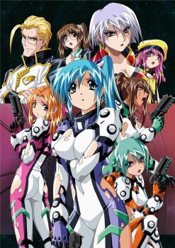 1boy 6+girls aqua_hair arm_under_breasts armor ass blonde_hair blue_eyes blue_hair breasts brown_hair cleavage crossed_arms divergence_eve grey_hair gun hair_tubes handgun hat high_ponytail holding holding_gun holding_weapon kiri_marialate kotoko_01 kureha_misaki large_breasts light_smile long_hair long_sleeves luxandra_frail multiple_girls non-web_source official_art open_mouth orange_hair pink_hair ponytail purple_eyes rectangular_eyewear red_eyes rimless_eyewear short_hair shoulder_armor side_ponytail sidelocks single_bang space squatting standing suzanna_bluestein torn_clothes twintails weapon yamashita_toshinari yellow_hat