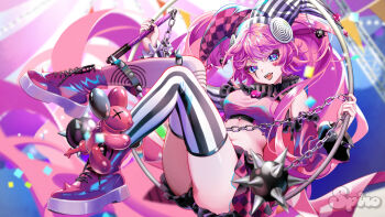 1girl absurdres artist_name black_lips black_nails black_skirt blue_eyes blurry blurry_background breasts bunting checkered_clothes checkered_skirt facial_mark hat heart heart_facial_mark highres holding indie_virtual_youtuber jester_cap long_hair long_sleeves mismatched_thighhighs navel open_mouth pink_hair pink_skirt saiko_(vtuber) skirt smile solo spiro_(supirou2052) stomach striped_clothes striped_thighhighs thighhighs thighs twintails vertical-striped_clothes vertical-striped_thighhighs virtual_youtuber