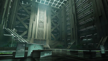 Rule 34 | absurdres, ceiling, concept art, concrete, denchou, desk, genkan, glowing, highres, indoors, logo, no humans, original, plant, planter, reflective floor, scenery, tree