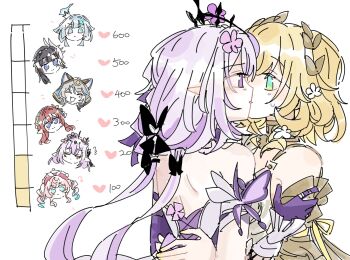 6+girls aglaea_(honkai:_star_rail) animal_ears bare_shoulders black_hair blonde_hair blue_eyes blue_hair castorice_(honkai:_star_rail) cat_ears cerydra_(honkai:_star_rail) cipher_(honkai:_star_rail) closed_eyes drill_hair fang flower gelinzzz grey_hair hair_flower hair_ornament hand_on_another&#039;s_waist heart highres honkai:_star_rail honkai_(series) hyacine_(honkai:_star_rail) hysilens_(honkai:_star_rail) kiss kiss_meter_(meme) laurel_crown meme multiple_girls open_mouth pointy_ears purple_eyes purple_flower purple_hair simple_background smile sweatdrop tribios_(honkai:_star_rail) twin_drills twintails white_background yuri