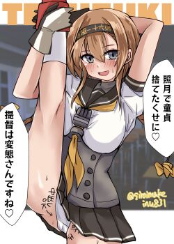 1girl absurdres blue_eyes blurry blurry_background blush braid breasts brown_hair cameltry character_name clothes_writing cowboy_shot hachimaki hair_ornament hairband headband highres indoors kantai_collection kitahama_(siroimakeinu831) leg_up long_hair looking_at_viewer night one-hour_drawing_challenge open_mouth panties propeller_hair_ornament sailor_collar school_uniform serafuku shirt skirt smile solo standing standing_on_one_leg teruzuki_(kancolle) twin_braids twitter_username underwear white_panties