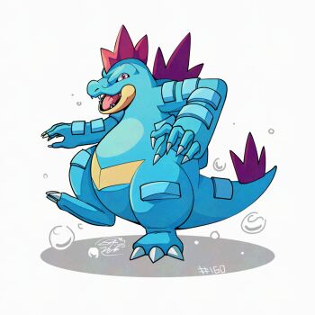 blue_skin bubble claws colored_skin feraligatr full_body gen_2_pokemon looking_at_viewer mistray-art nintendo no_humans pokemon pokemon_(creature) red_eyes signature simple_background solo tail white_background