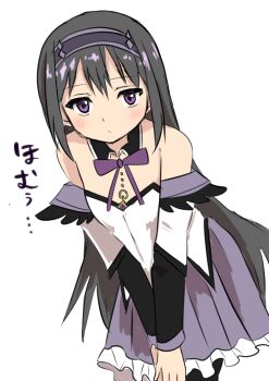1girl absurdres akemi_homura akemi_homura_(magical_girl) alternate_costume bare_shoulders black_hair commentary_request frilled_skirt frills hairband highres long_hair looking_at_viewer mahou_shoujo_madoka_magica mahou_shoujo_madoka_magica_(anime) own_hands_together purple_eyes purple_hairband purple_skirt simple_background skirt solo translation_request white_background yamai_(fjeopswvjrrpwmf)
