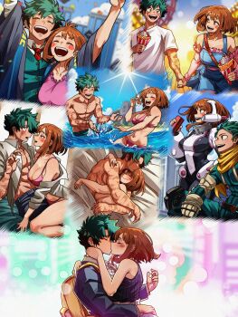 Rule 34 | 1boy, 1girl, absurdres, bikini, blush, blush stickers, bodysuit, boku no hero academia, breasts, brown eyes, brown hair, cape, commission, couple, green hair, hetero, highres, kiss, medium breasts, midoriya izuku, multicolored bodysuit, multiple scars, multiple views, navel, open mouth, scar, scar on arm, shirt, short hair, sidelocks, smile, spanish commentary, superhero costume, swimsuit, t-shirt, two-tone bodysuit, uraraka ochako, vlizz
