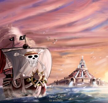 bird cloud cloudy_sky commentary flag highres instagram_username no_humans ocean one_piece outdoors procreate_(medium) shroud_(sailing) sky straw_hat_pirates stupidtako sunset thousand_sunny