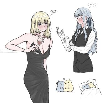 Rule 34 | 2girls, animalization, bang dream!, bang dream! it's mygo!!!!!, bare arms, black dress, black necktie, black pants, black ribbon, black vest, blonde hair, blue hair, blush, breasts, cleavage, closed eyes, closed mouth, cup, dress, drink, drinking glass, gloves, hair ribbon, heart, holding, holding drink, i love lesbian, jewelry, large breasts, lipstick mark, lipstick mark on face, medium hair, misumi uika, multiple girls, necklace, necktie, pants, purple eyes, ribbon, smile, togawa sakiko, two side up, vest, white gloves, wine glass, yuri