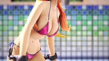 1girl 3d animated animated_gif bikini blonde_hair breasts chair cuffs dancing female_focus horn horns hoshiguma_yuugi large_breasts long_hair lowres navel oni pool shackles single_horn smile solo swimsuit table tiles touhou yellow_eyes