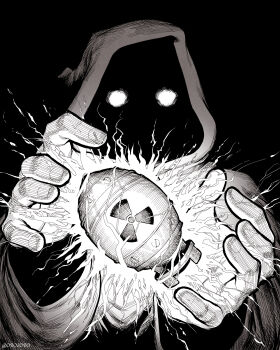 0bosobo 1other absurdres ambiguous_gender black_background bomb commentary english_commentary explosive greyscale highres little_boy_(bomb) magic meme mina_(noita) monochrome noita nuclear_weapon radiation_symbol robe shadow_wizard_money_gang_(meme) simple_background solo twitter_username wizard