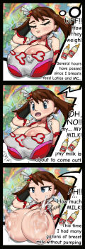 alternate_costume baby_bottle blue_eyes bottle breasts brown_hair chibikin dress english_text gloves greyimpaction highres huge_breasts lactation may_(pokemon) may_(sygna_suit)_(pokemon) milk nintendo nipple_erection official_alternate_costume pig_tail pokemon pokemon_masters_ex tail udder
