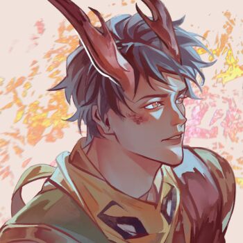 1boy black_hair bright_pupils commentary dragon_boy dragon_horns eastern_dragon_horns english_commentary fire highres horns iron_fist_(marvel) lin_lie_(marvel) looking_up male_focus marvel marvel_rivals monster_boy orange_background parted_lips portrait red_eyes red_scales scales short_hair slit_pupils solo white_pupils xuqin37179277