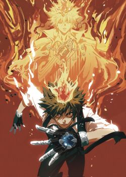 1boy brown_eyes brown_hair closed_eyes collared_shirt fire gloves hashtag-only_commentary highres katekyo_hitman_reborn! looking_at_viewer male_focus momoyoru1 red_background running running_towards_viewer sawada_tsunayoshi shirt short_hair sleeves_pushed_up spiked_hair straight-on white_shirt