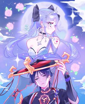1boy 1girl armor bare_shoulders black_bodysuit black_bow black_choker black_eyes black_hair black_hat black_kimono black_nails black_sleeves blue_eyes blunt_ends bodysuit bow breasts choker closed_mouth cloud cloudy_sky commentary constellation covered_collarbone crescent crescent_earrings ear_piercing earrings eyelashes eyeliner eyeshadow falling_flower falling_petals fingernails flower foxtrot_(foxtrot_xx) full_moon genshin_impact gold gold_trim grey_eyeshadow grey_veil hair_bow hand_up hat highres japanese_armor japanese_clothes jewelry jingasa juban kimono kote kurokote leotard long_hair looking_at_viewer looking_to_the_side makeup mandarin_collar mitsudomoe_(shape) mona_(genshin_impact) moon night outdoors parted_lips petals piercing pink_flower pink_petals pink_rose purple_hair purple_rope red_eyeliner red_hat red_kimono rope rose scaramouche_(genshin_impact) shimenawa shoulder_peek silver_earrings silver_tiara single_sode sky small_breasts star_(sky) star_(symbol) star_earrings star_tattoo starry_sky strapless strapless_leotard tassel tattoo tomoe_(symbol) tsurime twintails untranslatable_commentary veil white_kimono white_leotard white_mouth white_rope wispy_bangs