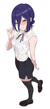 1girl absurdres black_choker black_ribbon black_shorts black_thighhighs blush bra_visible_through_clothes breasts chainsaw_man choker collared_shirt green_eyes grenade_pin hair_between_eyes hair_bun highres loafers medium_breasts neck_ribbon purple_hair reze_(chainsaw_man) ribbon sasasa_r_23 shirt shoes shorts simple_background sleeveless sleeveless_shirt solo standing standing_on_one_leg thighhighs wet wet_clothes wet_shirt white_background white_shirt