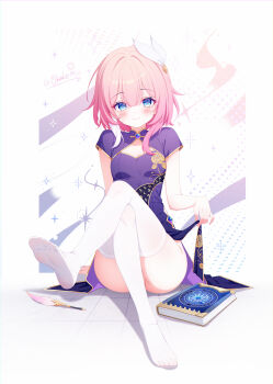 Rule 34 | 1girl, absurdres, alternate costume, as i've written (honkai: star rail), blue eyes, book, breasts, china dress, chinese clothes, chinese commentary, closed mouth, commentary request, cyrene (honkai: star rail), cyrene (philia093) (honkai: star rail), dress, highres, honkai: star rail, honkai (series), looking at viewer, medium hair, multicolored hair, no panties, ohako miyu, pink hair, purple dress, short sleeves, simple background, sitting, small breasts, smile, thighhighs, twitter username, two-tone hair, white hair, white thighhighs