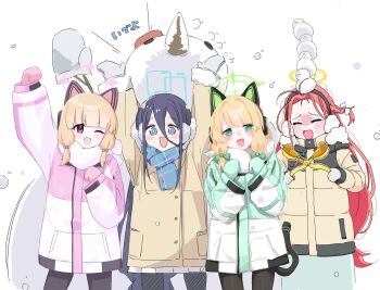 4girls :d ;d \o/ absurdly_long_hair animal_ear_headphones animal_ears aqua_halo aqua_skirt aris_(blue_archive) aris_(winter)_(blue_archive) arm_up arms_up artist_collaboration black_hairband black_pantyhose black_tail blonde_hair blue_archive blue_eyes blue_hair blue_scarf blunt_bangs blush blush_stickers bow braid branch bright_pupils brown_coat buttons carrot cat_ear_headphones cat_ears cat_tail clenched_hands closed_eyes coat commentary cowboy_shot dot_nose double-parted_bangs earmuffs facing_viewer fake_animal_ears fake_tail fang forehead fur-trimmed_coat fur-trimmed_sleeves fur_trim game_development_department_(blue_archive) gloves green_bow green_coat green_eyes green_halo green_mittens grey_gloves grey_mittens hair_between_eyes hair_bow hairband halo hand_up hands_up head_tilt headphones holding_tool long_bangs long_hair long_hair_between_eyes long_sidelocks long_skirt long_sleeves looking_at_viewer low-braided_long_hair low-tied_long_hair low-tied_sidelocks medium_hair midori_(blue_archive) midori_(winter)_(blue_archive) miniskirt mittens momoi_(blue_archive) momoi_(winter)_(blue_archive) multicolored_coat multiple_girls negu_(pixiv_6519140) official_alternate_costume official_alternate_hairstyle one_eye_closed open_mouth outstretched_arms padded_coat pantyhose parted_bangs pink_bow pink_coat pink_eyes pink_halo pink_mittens plaid_clothes plaid_scarf pleated_skirt pocket ponporu puffy_long_sleeves puffy_sleeves raised_fist raised_inner_eyebrows rectangular_halo red_hair ringed_eyes scarf scarf_bow siblings sidelocks simple_background single_braid sisters skin_fang skirt smile snow snow_duck snow_on_head snowman stacking standing straight-on tail tail_raised tearing_up text_print translation_request turn_pale twins v-shaped_eyebrows very_long_hair wayanut white_background white_bow white_coat white_pupils white_scarf white_skirt wide_sleeves winter winter_clothes winter_coat yellow_halo youbi_(0ver_sd) yuzu_(blue_archive) yuzu_(winter)_(blue_archive) zipper zipper_pull_tab