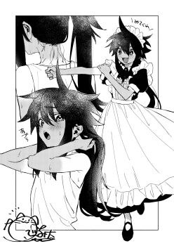 1boy :d :o ahoge apron back bare_arms commentary crossdressing crossdressing_(mtf) dress fangs farmer&#039;s_tan ferea_bimi frilled_apron frills from_behind full_body greyscale hair_between_eyes highres hot inset_border long_dress long_hair maid maid_apron maid_headdress male_focus male_maid mao_(toudou-kun_chi_no_maid_shota) monochrome multiple_views nape open_mouth outside_border outstretched_arm ponytail puffy_short_sleeves puffy_sleeves screentones shoes short_sleeves sidelocks signature smile sweat tan tank_top tanline tanlines toudou-kun_chi_no_maid_shota trap v-shaped_eyebrows