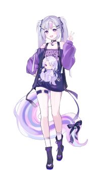 1girl :d ayatsuno_yuni bibi_(1vua1ways2) black_boots black_ribbon boots full_body grey_eyes grey_hair hair_ornament hair_ribbon hairclip hand_on_own_hip hand_up hashtag-only_commentary highres long_hair long_sleeves looking_at_viewer no_pants off-shoulder_shirt off_shoulder open_mouth print_shirt purple_shirt ribbon shirt smile socks solo standing stellive tail thigh_strap twintails v virtual_youtuber white_socks x_hair_ornament
