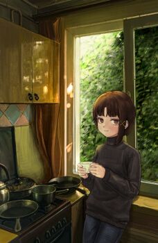 1girl black_pants black_sweater bright_pupils brown_eyes brown_hair closed_mouth commentary day denim english_commentary frying_pan hair_ornament highres indoors iwakura_lain jeans long_sleeves looking_at_viewer pants serial_experiments_lain short_hair smile solo stove sweater white_pupils window x_hair_ornament yuroroo