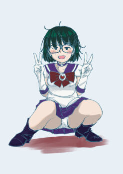 1girl back_bow bishoujo_senshi_sailor_moon blue_skirt boots bow choker commentary_request cosplay double_v elbow_gloves glasses gloves green_hair jimiko one_eye_closed panties red_bow ryoumoto_hatsumi sailor_collar sailor_saturn sailor_senshi_uniform short_hair skirt solo spread_legs squatting underwear v