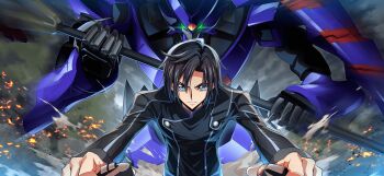 1boy artist_request black_hair black_shirt blue_eyes buttons closed_mouth code_geass code_geass:_lost_stories controller dust embers eye_trail foreshortening game_cg gem glowing glowing_eyes green_eyes hair_between_eyes highres holding holding_polearm holding_weapon joystick leaning_forward light_trail long_sleeves looking_at_viewer male_focus mario_disel mecha motion_blur non-web_source official_art orange_gemstone outdoors outstretched_arms polearm robot serious shirt short_hair sidelocks solo sougetsu_(code_geass) straight-on upper_body v-shaped_eyebrows weapon