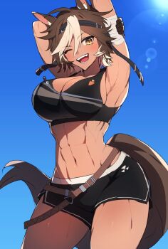 1girl :d ;d abs ahoge animal_ears arm_behind_back arm_wrap armpits arms_up bare_shoulders black_shorts black_sports_bra blue_sky blush breasts brown_eyes brown_gloves brown_hair carrot_print cleavage collarbone commentary commission contrapposto dark-skinned_female dark_skin english_commentary food_print gloves hair_between_eyes highres horse_ears horse_girl horse_tail indie_virtual_youtuber large_breasts looking_at_viewer midriff multicolored_hair muscular muscular_arms muscular_female navel one_eye_closed open_mouth sabamori second-party_source short_hair short_shorts shorts skeb_commission sky smile solo sports_bra standing star_(symbol) star_in_eye stomach sunlight symbol_in_eye tail teeth thighs tomoe_umari virtual_youtuber white_hair