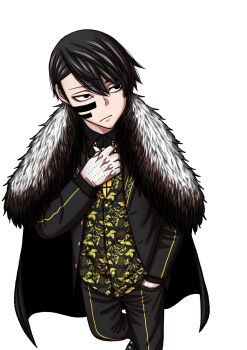 1boy black_cloak black_eyes black_hair black_pants black_shirt cloak closed_mouth collared_shirt fur-trimmed_cloak fur_trim hand_in_pocket hand_on_own_chest hand_up highres jacket long_sleeves looking_to_the_side mudano_naito official_art open_clothes open_jacket pants shirt short_hair simple_background solo standing striped_clothes striped_jacket striped_pants tougen_anki tsurime two-tone_vest urushibara_yura vertical-striped_clothes vertical-striped_jacket vertical-striped_pants vest white_background yellow_vest