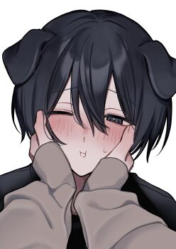 1boy 1other :i absurdres animal_ears arata20250328 black_eyes black_hair black_shirt blush closed_mouth dog_boy dog_ears double-parted_bangs hair_between_eyes hands_on_another&#039;s_cheeks hands_on_another&#039;s_face highres long_sleeves looking_at_viewer male_focus one_eye_closed original pov pov_hands raised_inner_eyebrows shirt short_hair simple_background small_sweatdrop solo_focus upper_body white_background