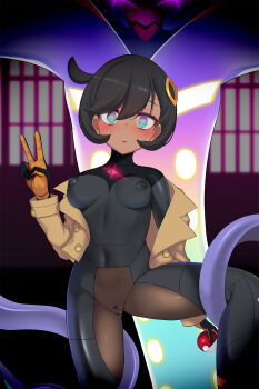 1girl black_bodysuit black_hair blush bodysuit breasts brown_jacket commentary_request covered_erect_nipples covered_navel emma_(pokemon) gen_6_pokemon hand_up highres holding holding_another's_leg holding_poke_ball hypnosis jacket leg_up malamar mega_malamar mind_control multicolored_eyes nintendo off_shoulder okuri_banto open_mouth poke_ball poke_ball_(basic) pokemon pokemon_(creature) pokemon_legends:_z-a pussy_juice ring_hair_ornament ringed_eyes short_hair side_ahoge sweatdrop tentacles v