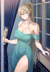 Rule 34 | 1girl, alcohol, bare shoulders, blonde hair, breasts, cleavage, closed mouth, collarbone, covered navel, cup, dress, green dress, green eyes, hair ornament, highres, holding, holding cup, indoors, large breasts, long hair, looking at viewer, mashuu (neko no oyashiro), night, off shoulder, original, ponytail, smile, solo, sonia (hijiri kishi sonia-san), thighs, window