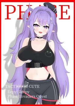 1girl artist_request beret breasts dolphin_shorts eepy_sleepy hand_on_breast hat large_breasts leggings looking_at_viewer phase_connect purple_eyes purple_hair shorts sports_bra tagme virtual_youtuber