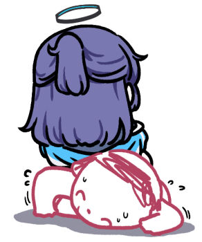 1boy 1girl ^_^ black_halo black_shirt blue_archive blue_jacket chibi chibi_only closed_eyes commentary doodle_sensei_(blue_archive) facing_away flying_sweatdrops half_updo halo hashtag-only_commentary jacket jacket_partially_removed jazz_jack long_hair nervous_sweating on_ground purple_hair sensei_(blue_archive) shirt simple_background sitting sitting_on_person struggling sweat white_background yuuka_(blue_archive) yuuka_(track)_(blue_archive)