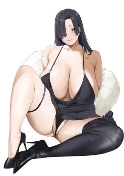 1girl absurdres bare_shoulders black_dress black_hair black_panties black_shoes blush breasts closed_mouth commentary dress full_body fur_scarf fur_shawl hair_over_one_eye high_heels highres huge_breasts jacket light_smile long_bangs long_hair original panties pussy pussy_peek shawl shoes short_dress simple_background single_thighhigh sitting thick_thighs thigh_strap thighhighs thighs thong tnr_(horiko1525) underwear white_background