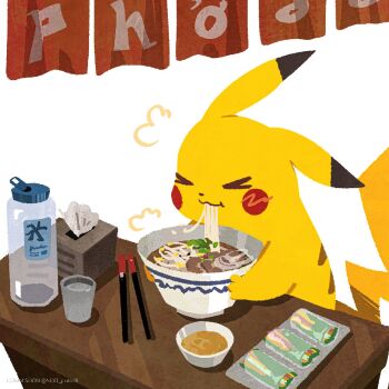 >_< blush_stickers bottle chopsticks closed_eyes closed_mouth commentary_request commission copyright_logo cup drinking_glass eating food gen_1_pokemon logo next_pluto nintendo no_humans noodles pikachu pokemon pokemon_(creature) pokemon_focus ramen simple_background sitting table tissue_box twitter_username water_bottle white_background wooden_table