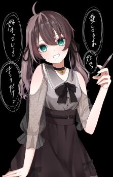 Rule 34 | 1girl, ahoge, belt, black belt, black choker, black ribbon, blank eyes, brown hair, choker, hair ribbon, heart, heart choker, highres, holding, holding syringe, hololive, nanahoshi (n bl08), natsuiro matsuri, natsuiro matsuri (casual), ribbon, solo, syringe, virtual youtuber
