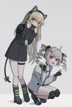 Rule 34 | 2girls, animal ear headphones, animal ears, black gloves, black shoes, blonde hair, bow, cat ear headphones, cat ears, commentary request, drill hair, fake animal ears, flying sweatdrops, full body, girls' frontline, girls' frontline 2: exilium, gloves, green eyes, grey background, grey hair, hair ornament, hairclip, harpsy (girls' frontline 2), headphones, highres, knee pads, kzr 26, lanyard, long hair, long sleeves, looking at viewer, multiple girls, notice lines, nrmr3, pp-90 (girls' frontline), red eyes, ruchey (girls' frontline 2), shoes, shy, simple background, squatting, standing, tail, tail bow, tail ornament, tmp (girls' frontline), twin drills, twintails, twitter username