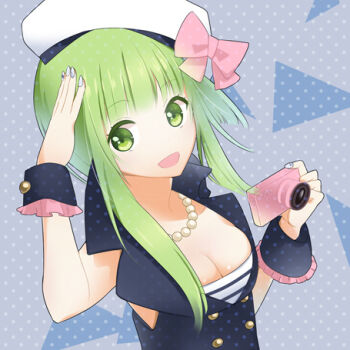 Rule 34 | 1girl, 6 (roku), bow, breasts, camera, cleavage, female focus, green eyes, green hair, hat, jewelry, looking at viewer, lowres, matching hair/eyes, nail polish, necklace, open mouth, smile, solo, upper body