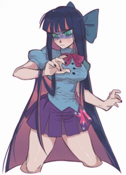 1girl aqua_eyes black_nails blue_hair blue_shirt blunt_bangs bow bowtie breasts collared_shirt colored_inner_hair commentary cosplay cowboy_shot english_commentary frustrated highres large_breasts legs_apart long_hair miniskirt mistigri0000 multicolored_hair my_little_pony my_little_pony:_equestria_girls my_little_pony:_friendship_is_magic nail_polish panty_&amp;_stocking_with_garterbelt partially_shaded_face pink_bow pink_bowtie pink_hair pleated_skirt puffy_short_sleeves puffy_sleeves purple_skirt scowl shirt short_sleeves skirt solo star_(symbol) star_print stocking_(psg) sweatdrop thick_thighs thighs twilight_sparkle twilight_sparkle_(cosplay) twilight_sparkle_(human) two-tone_hair very_long_hair