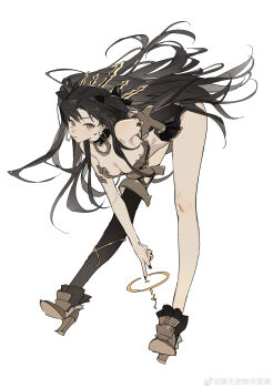 1girl absurdres armlet artist_name bare_arms bare_legs bare_shoulders bikini black_gloves black_hair black_nails black_panties black_ribbon black_sleeves black_thighhighs black_tiara blunt_bangs bow_(weapon) bra breasts cleavage closed_mouth curtained_hair earrings elbow_gloves fate/grand_order fate_(series) floating_hair full_body gloves gold_armlet gold_earrings gold_thighlet gold_tiara gold_trim hair_ribbon hand_on_own_hip high_heels highres hoop_earrings ishtar_(fate) jewelry leaning_forward long_hair looking_at_viewer medium_breasts mismatched_bikini nail_polish navel neck_ring nose pale_skin panties parted_bangs pointing pointing_down raised_eyebrows red_eyes revealing_clothes ribbon simple_background single_elbow_glove single_sleeve single_thighhigh smile solo stomach straight_hair swimsuit thighhighs thighlet thighs tiara twintails two-tone_tiara two_side_up underwear very_long_hair watermark weapon weibo_username weibo_watermark white_background white_bra wide-eyed zhibuji_loom